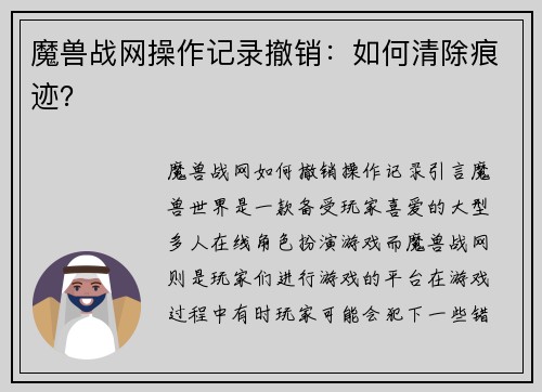 魔兽战网操作记录撤销:如何清除痕迹?